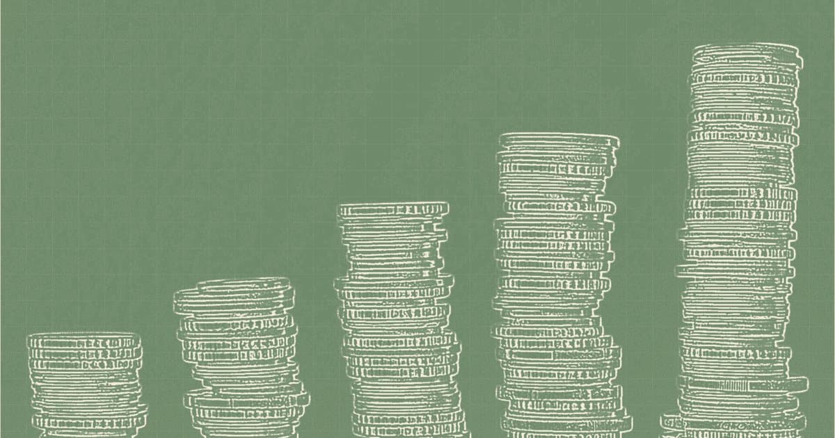 Sage-and-cream line art of rising stacks of coins