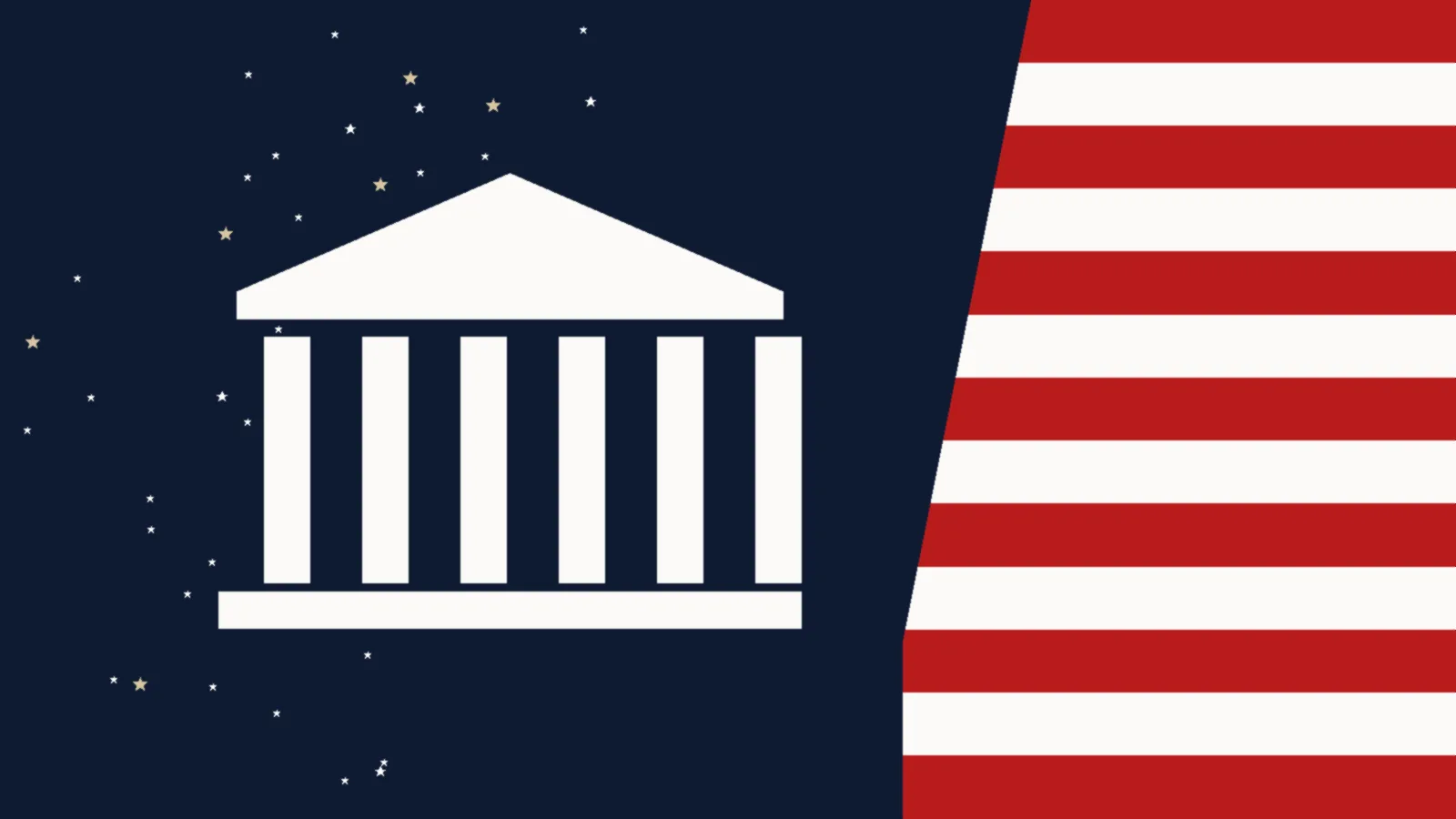 Illustration of a classical white columned statehouse facade on navy, representing state governance