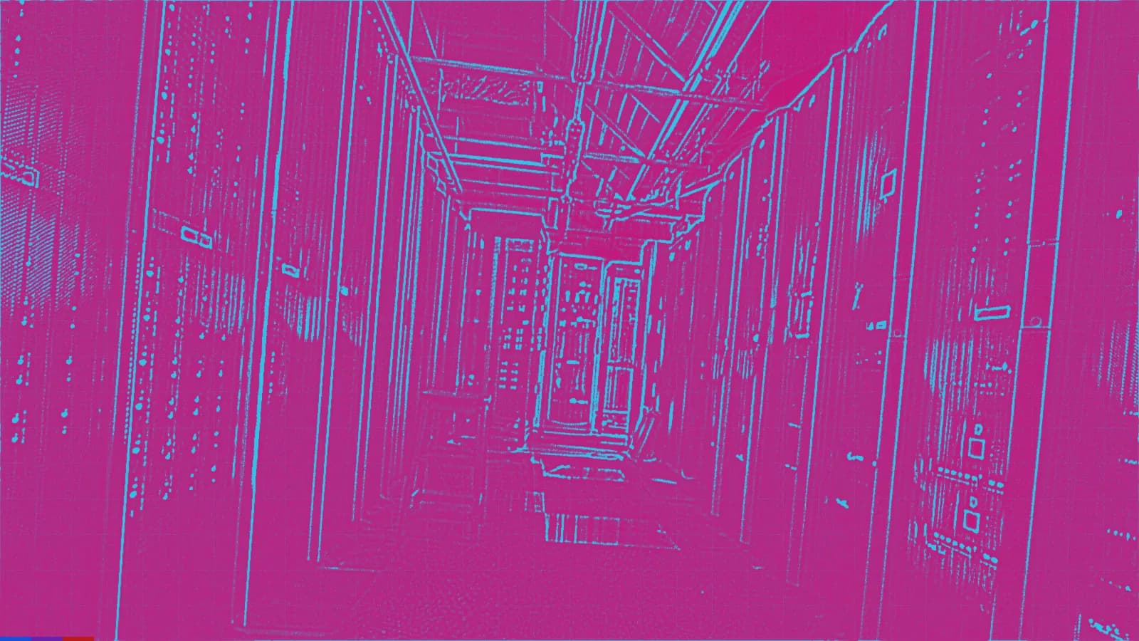 Cyan line drawing on magenta of rows of servers in a data center