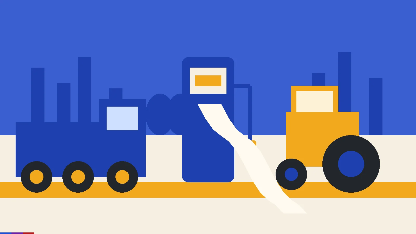 Flat illustration of a semi truck, a diesel pump printing a long receipt, and a farm tractor before a refinery skyline