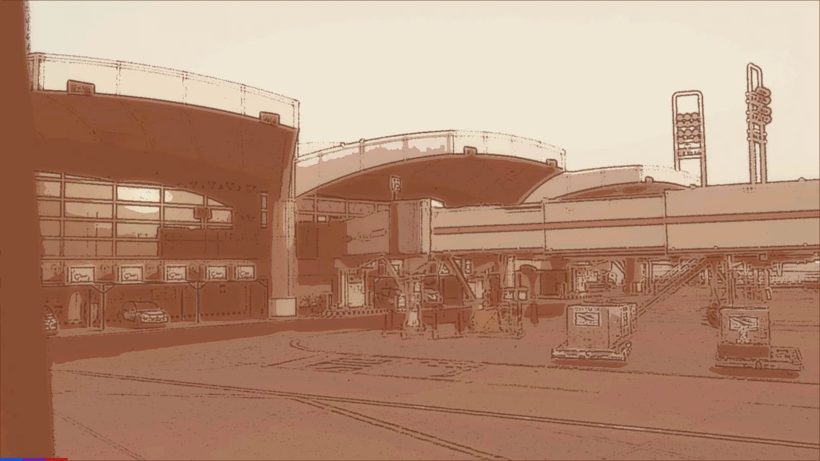 Ink-and-wash rendering of the terminal at King Khalid International Airport in Riyadh