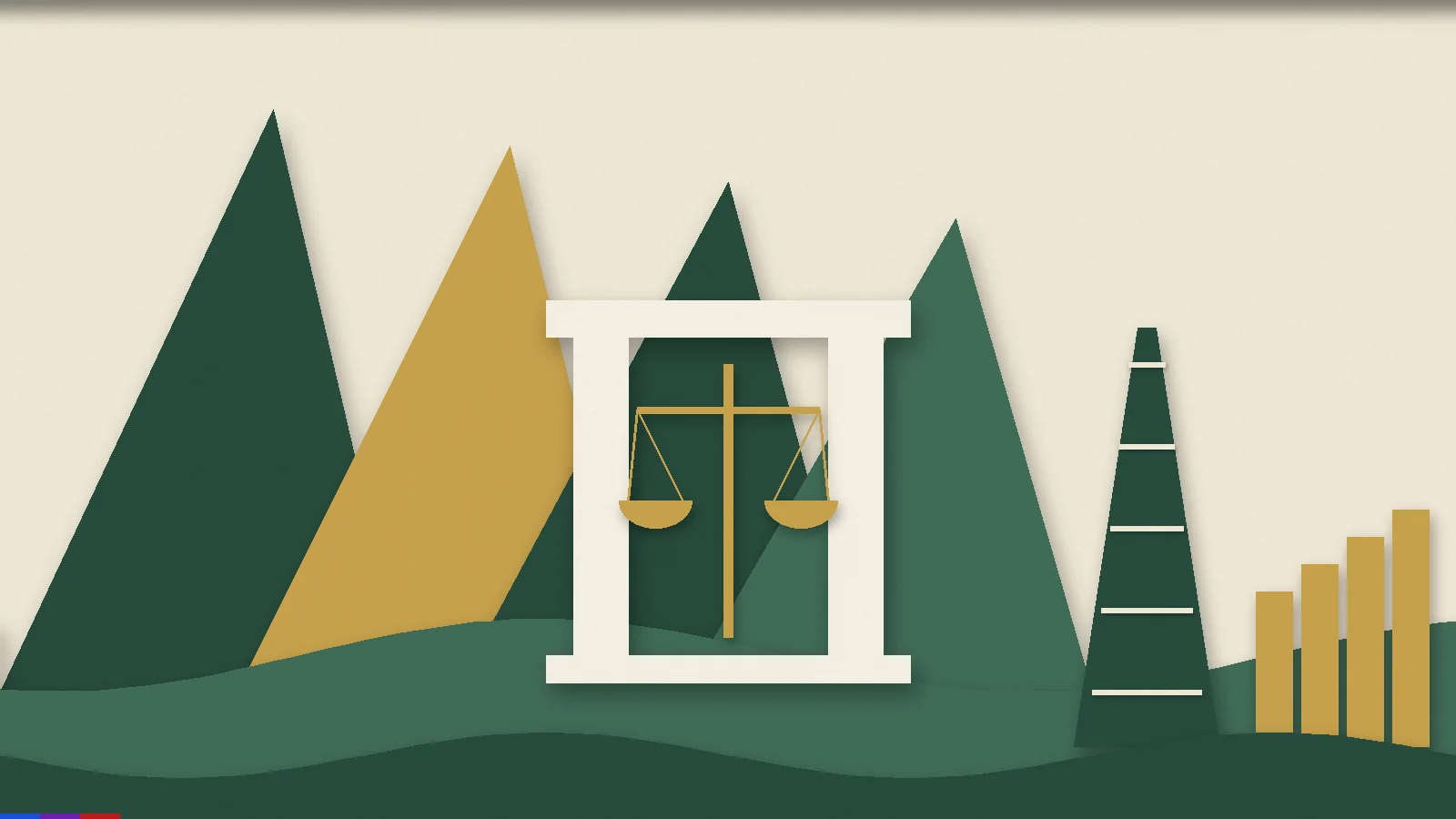 Paper-cut illustration of Flatirons-style mountains, courthouse columns with scales, and an oil derrick