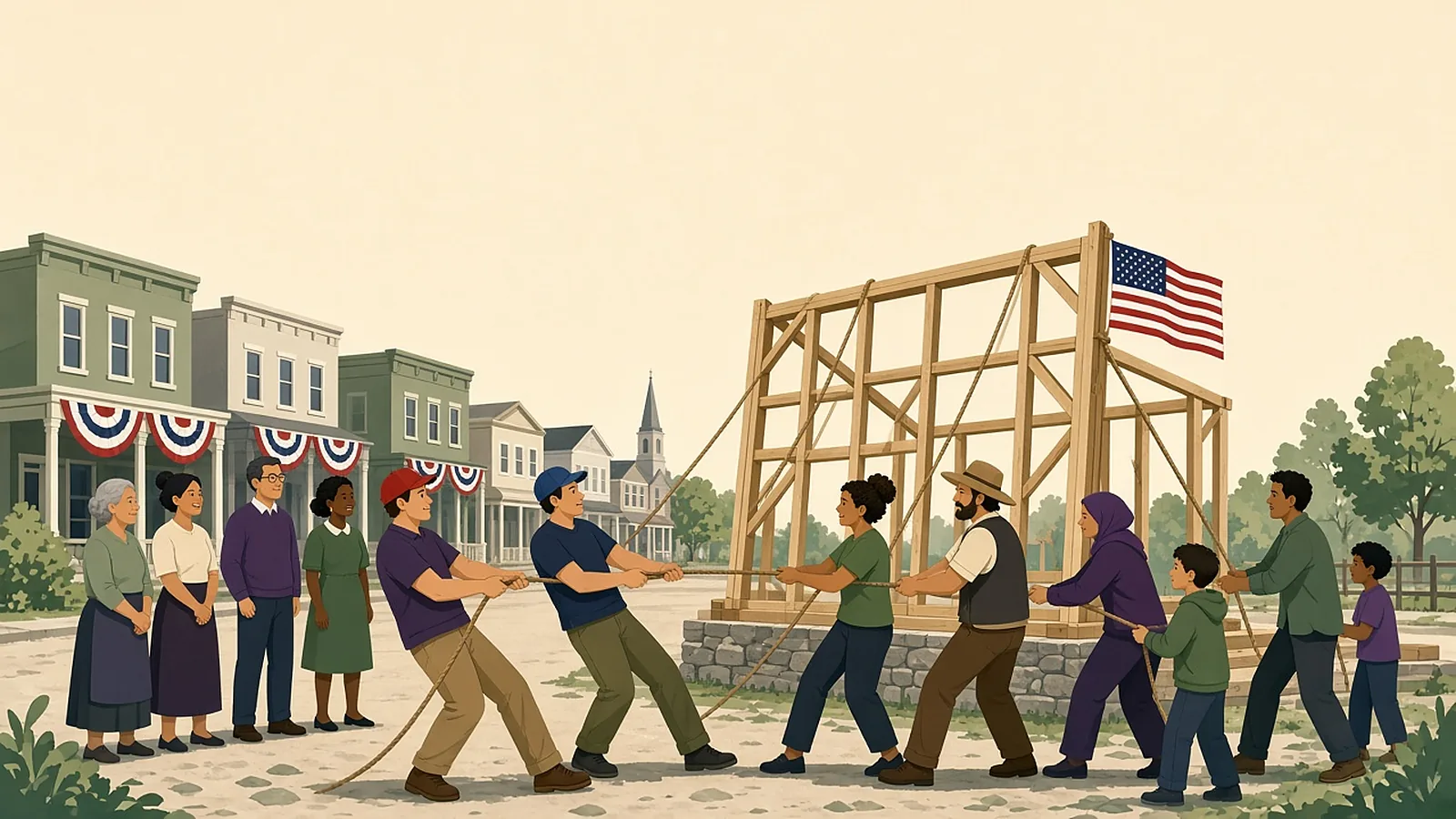 Illustration of neighbors in a small town pulling ropes together to raise a timber frame, with flag bunting and an American flag