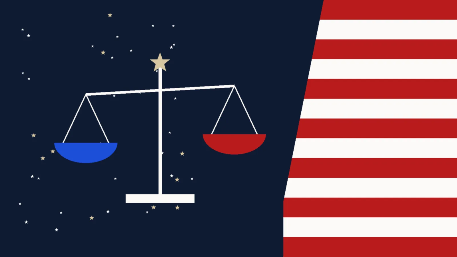 Illustration of a balance scale with blue and red pans under a gold star, representing competing ideas of freedom