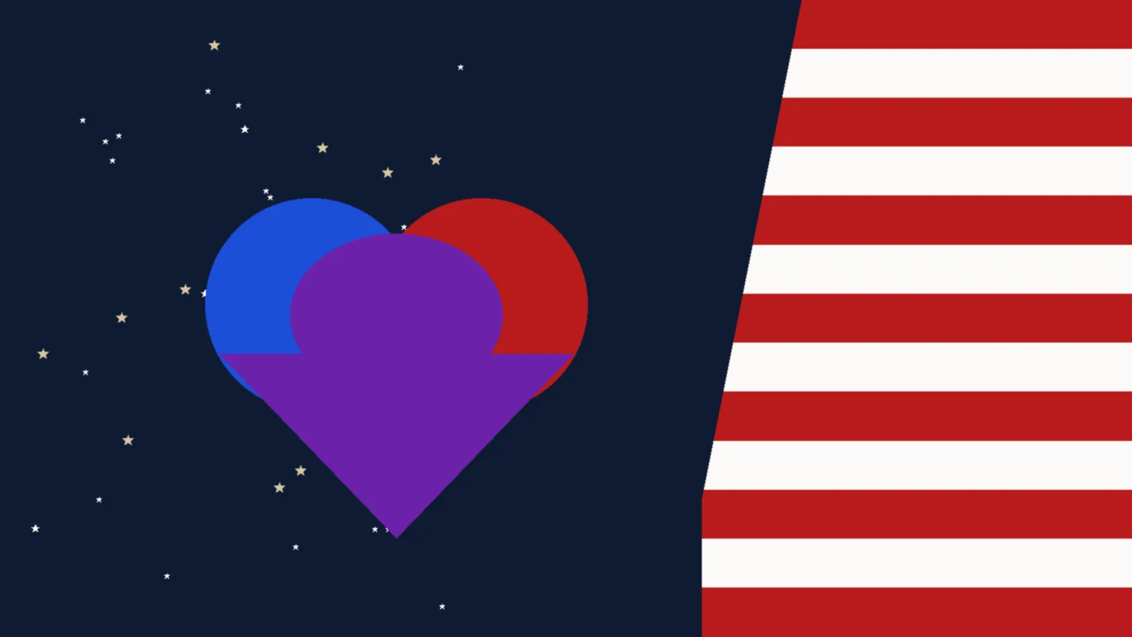 Illustration of a purple heart formed where blue and red shapes meet, representing relationships across party lines