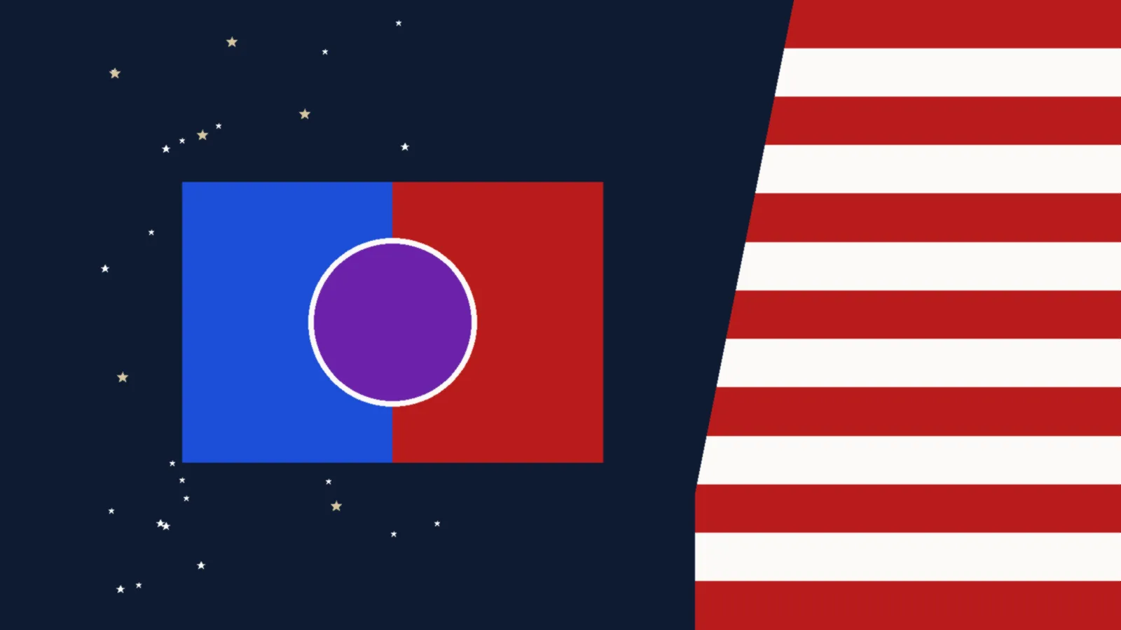 Illustration of a blue and red block joined by a purple circle, representing the space between economic systems