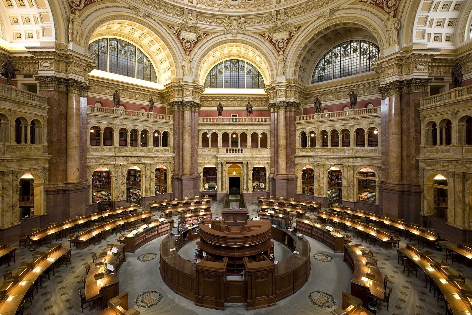 The domed Main Reading Room of the Library of Congress, with desks arranged in rings