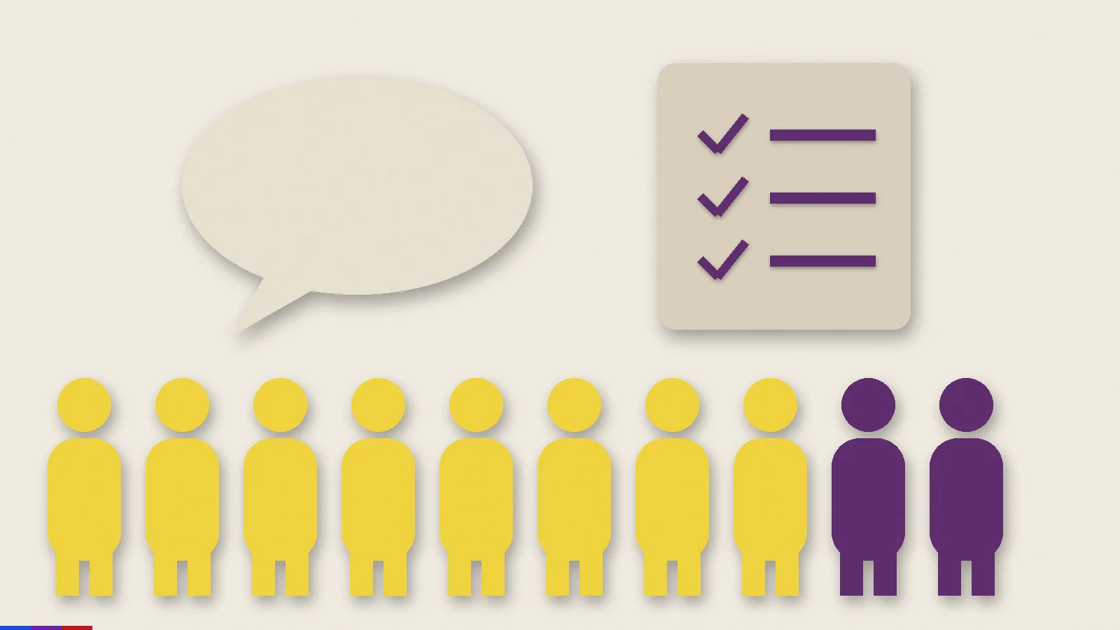 Paper-cut illustration of ten figures, eight in yellow and two in purple, beside a speech bubble and checklist