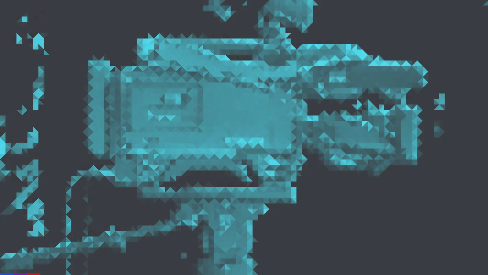 Low-poly mosaic in graphite and cyan of a broadcast television camera