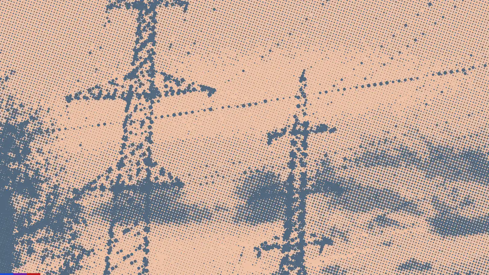 Peach-and-slate halftone of electricity pylons at sunset